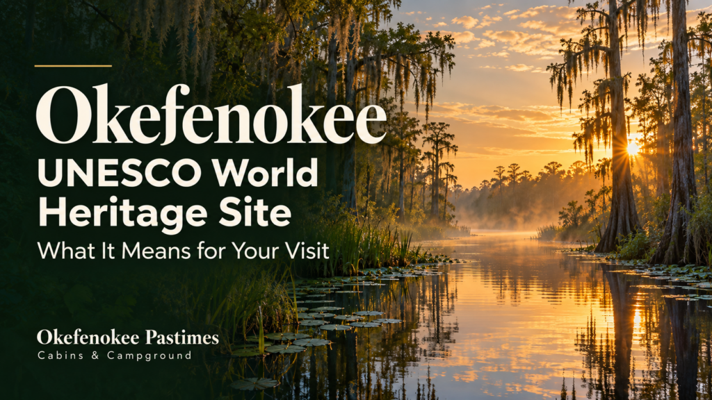 Okefenokee Swamp sunrise illustration with cypress trees and Spanish moss, featuring a UNESCO World Heritage Site headline